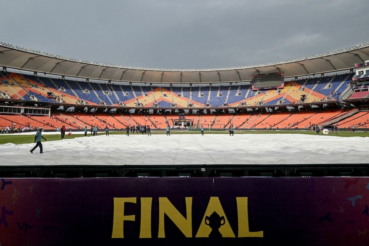 The covers were on under cloudy skies, Royal Challengers Bengaluru vs Punjab Kings, IPL, final, Ahmedabad, June 3, 2025
