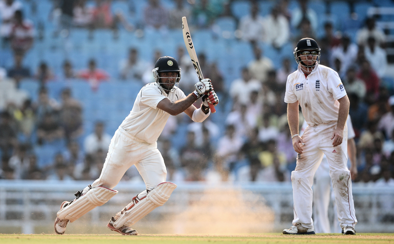 Cheteshwar Pujara made 87, Mumbai A v England XI, 2nd day, Mumbai, November 4, 2012
