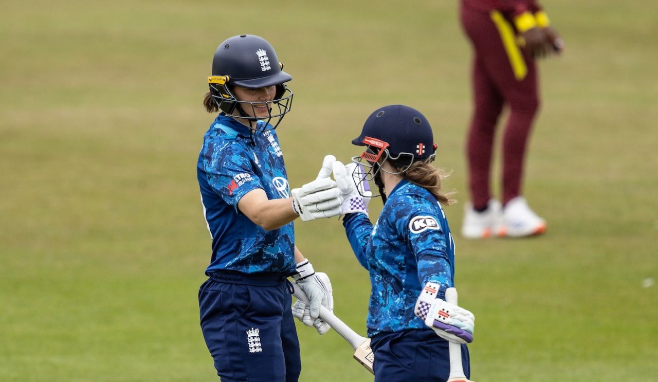 Amy Jones and Tammy Beaumont celebrate their century stand, England vs West Indies, 2nd ODI, Grace Road, June 4, 2025