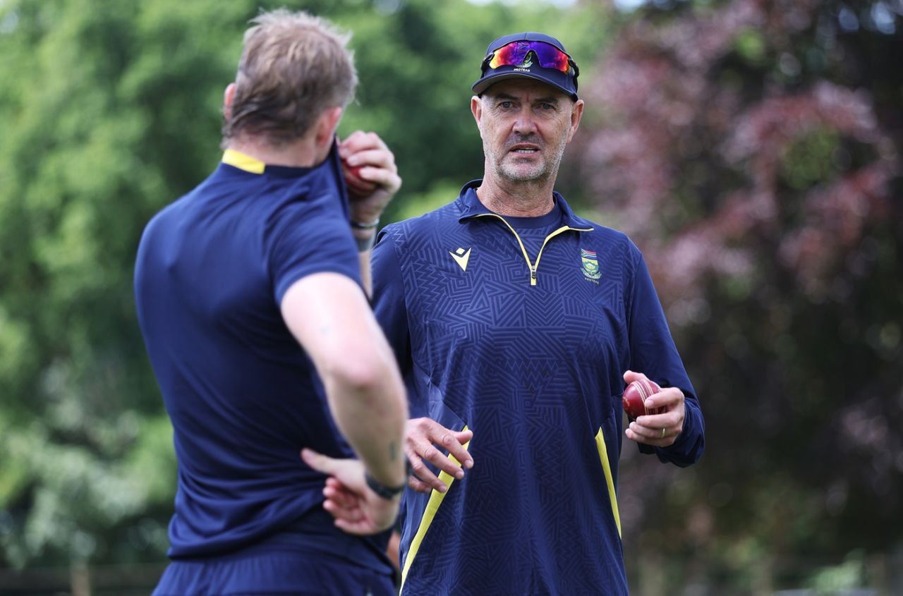 South Africa's bowling coach Piet Botha speaks to Corbin Bosch, Arundel, June 2, 2025