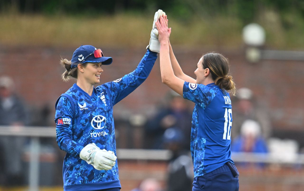 Amy Jones and Kate Cross celebrate England's opening wicket, England vs West Indies, 3rd Women's ODI, Taunton, June 7, 2025