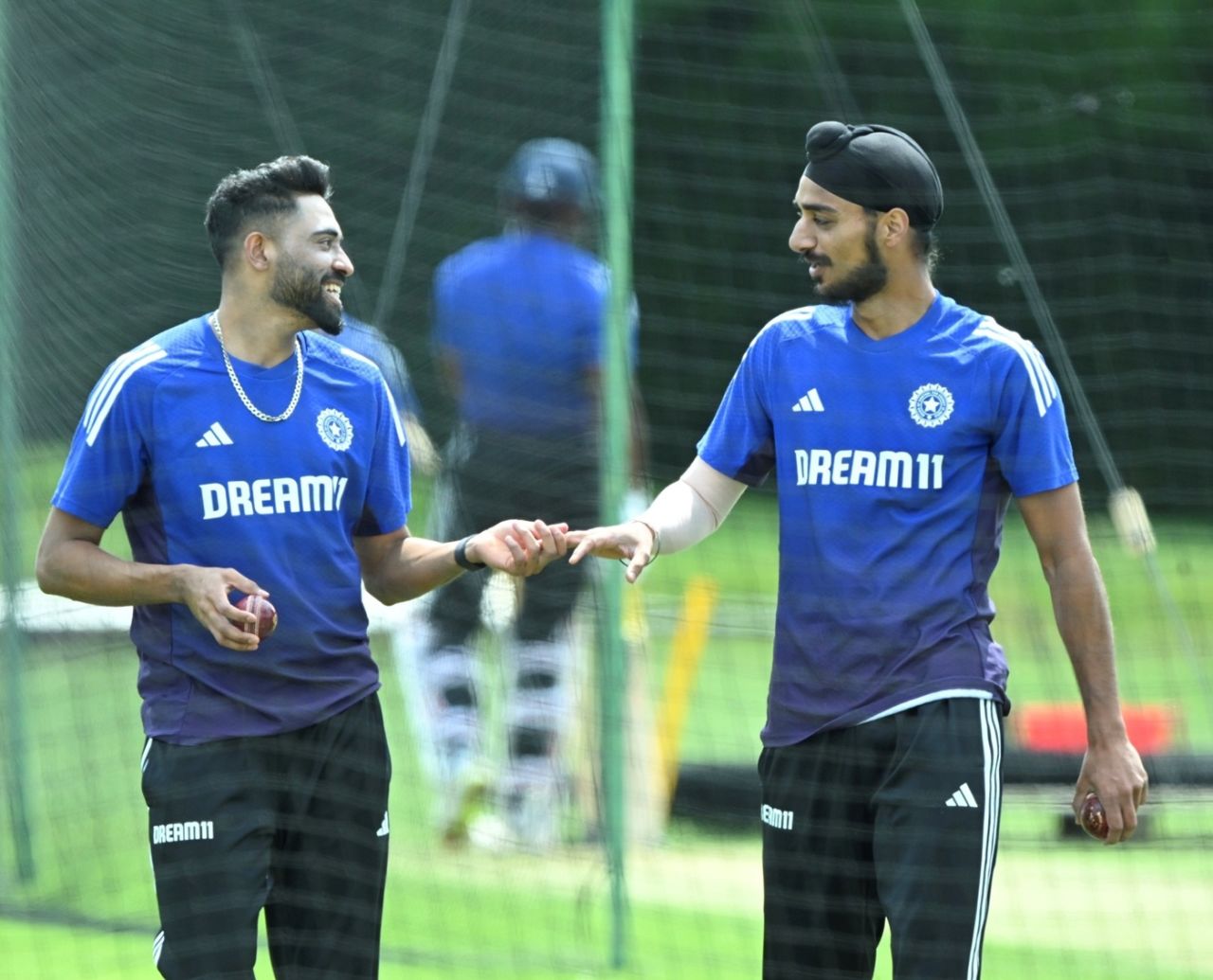 Mohammed Siraj and Arshdeep Singh share a light moment, Beckenham, June 8, 2025