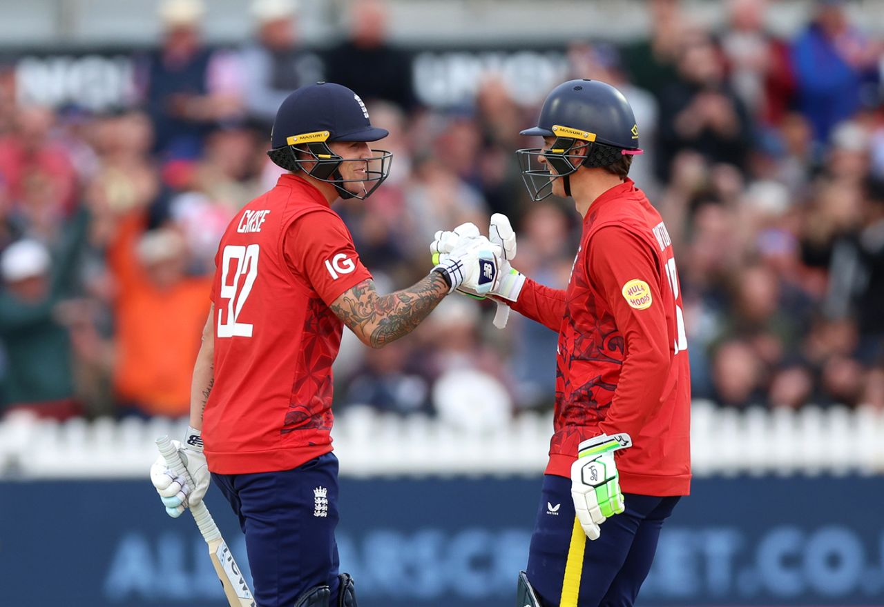 Tom Banton gets a handshake from Brydon Carse after England sealed victory, England vs West Indies, 2nd T20I, Bristol, June 8, 2025