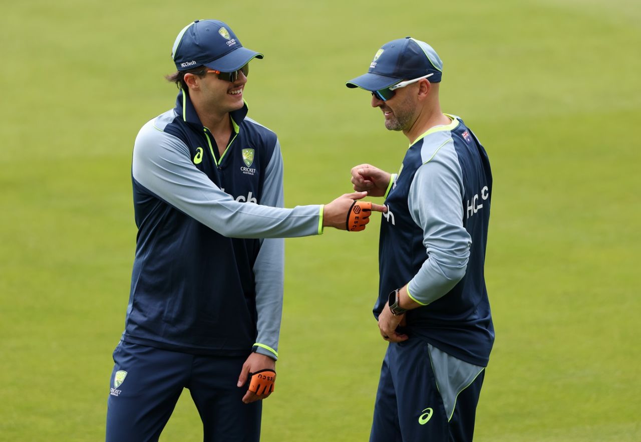 Sam Konstas and Nathan Lyon share a light moment during training, London, June 9, 2025