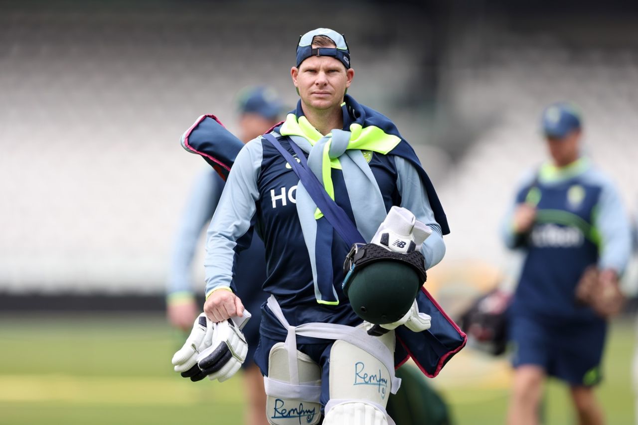 Geared up: Steven Smith arrives at training, London, June 9, 2025