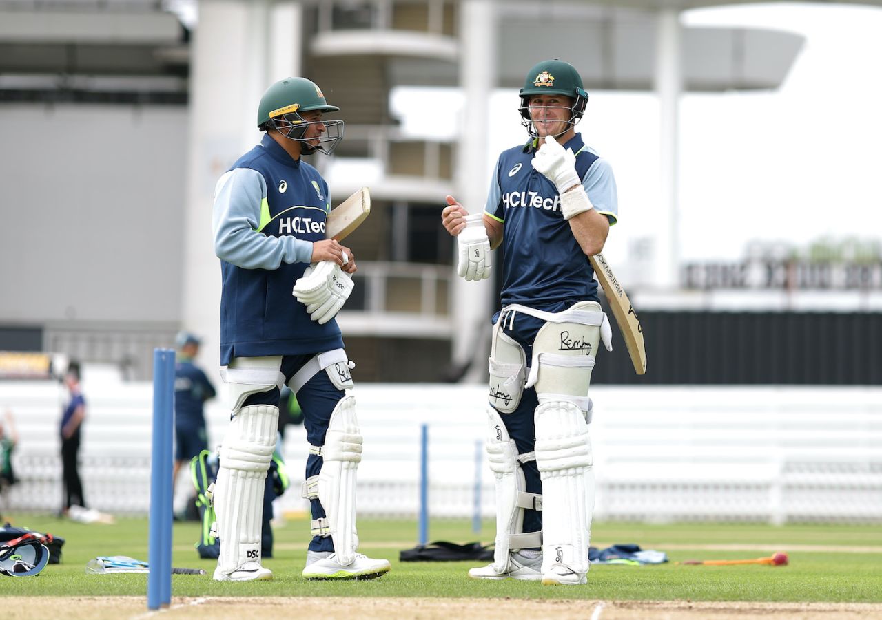 Usman Khawaja and Marnus Labuschagne chat during practice in Lord's, London, June 9, 2025