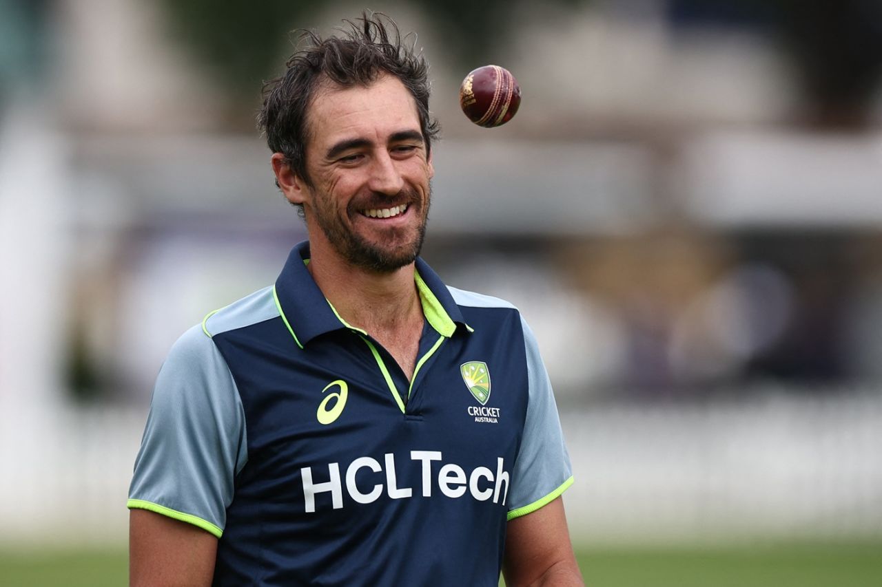 Mitchell Starc prepares to bowl during a nets session, London, June 9, 2025