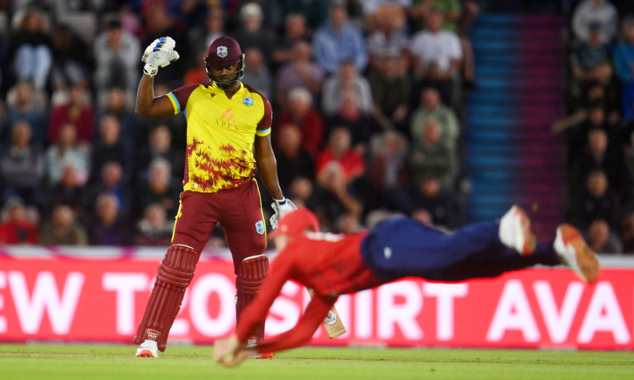 Romario Shepherd fell to a diving catch from Harry Brook, England vs West Indies, 3rd T20I, Southampton, June 10, 2025
