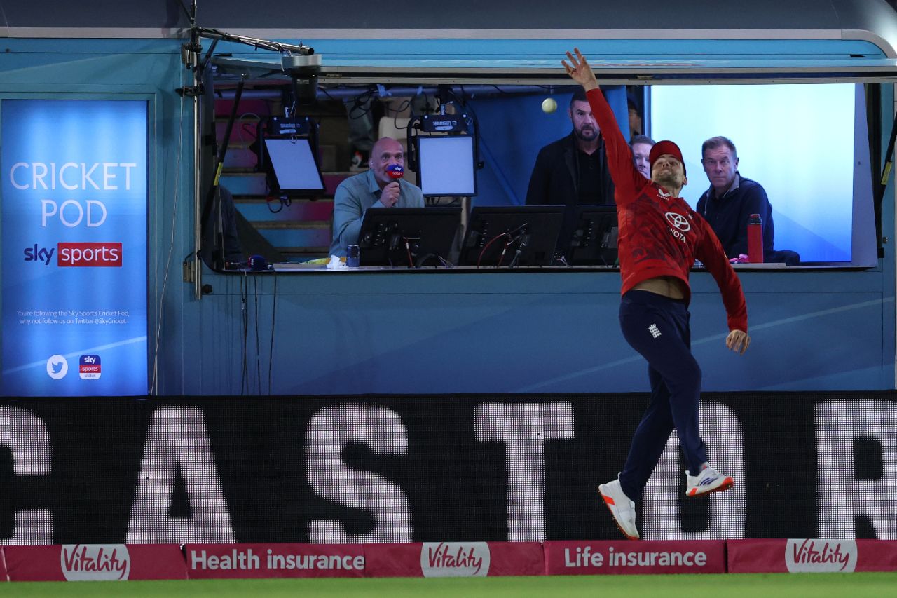 Will Jacks leaps as Mark Butcher commentates on another six for Sky Sports, England vs West Indies, 3rd T20I, Southampton, June 10, 2025