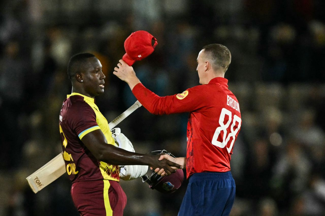 Rovman Powell shakes hands with Harry Brook after England's 3-0 win, England vs West Indies, 3rd T20I, Southampton, June 10, 2025