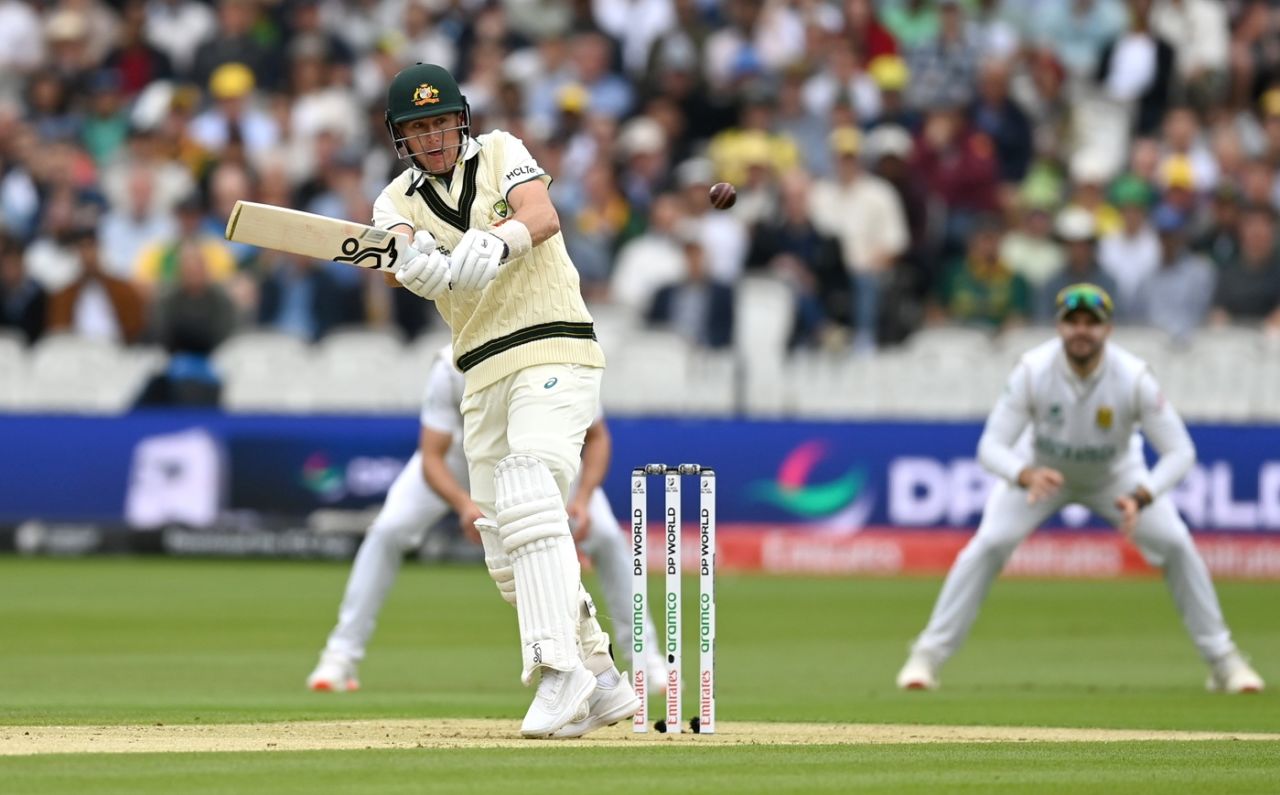 Australia opener Marnus Labuschagne checks a pull to the leg side, Australia vs South Africa, World Test Championship final, 1st day, Lord's, June 11, 2025