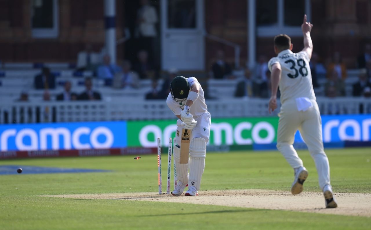 Josh Hazlewood + top of off (poor Tristan Stubbs!) = a perfect cricket picture, Australia vs South Africa, World Test Championship final, Lord's, June 11, 2025