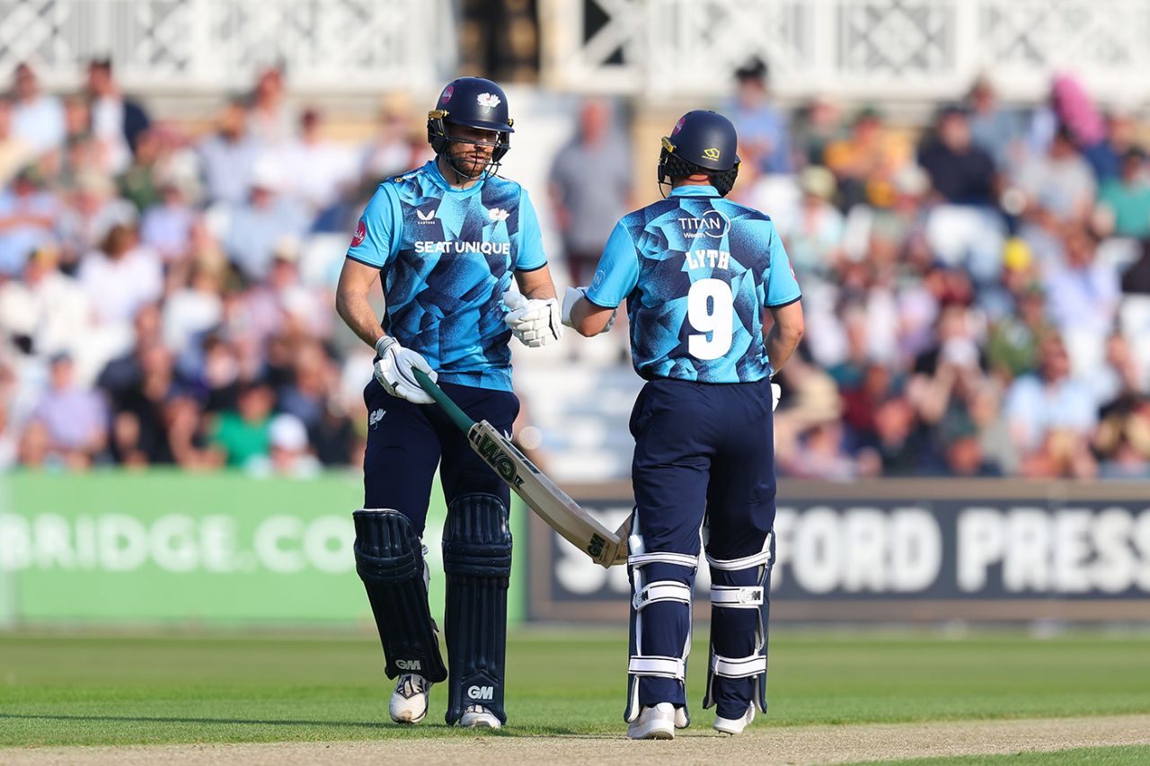 Dawid Malan (L) and Adam Lyth (R) bring up their 50 partnership, Notts Outlaws vs Yorkshire, Vitality T20 Blast North Group, Trent Bridge, June 11, 2025