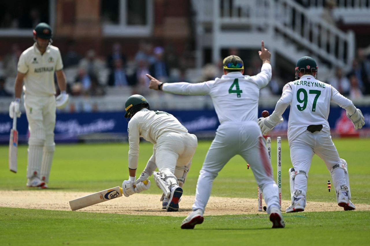 Alex Carey loses his stumps to Keshav Maharaj, Australia vs South Africa, WTC final, Lord's, London, 1st day, June 11, 2025