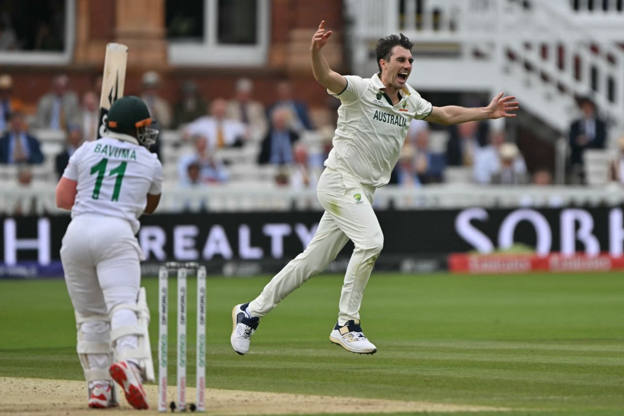 Pat Cummins celebrates the wicket of Temba Bavuma, Australia vs South Africa, World Test Championship final, 2nd day, Lord's, June 12, 2025