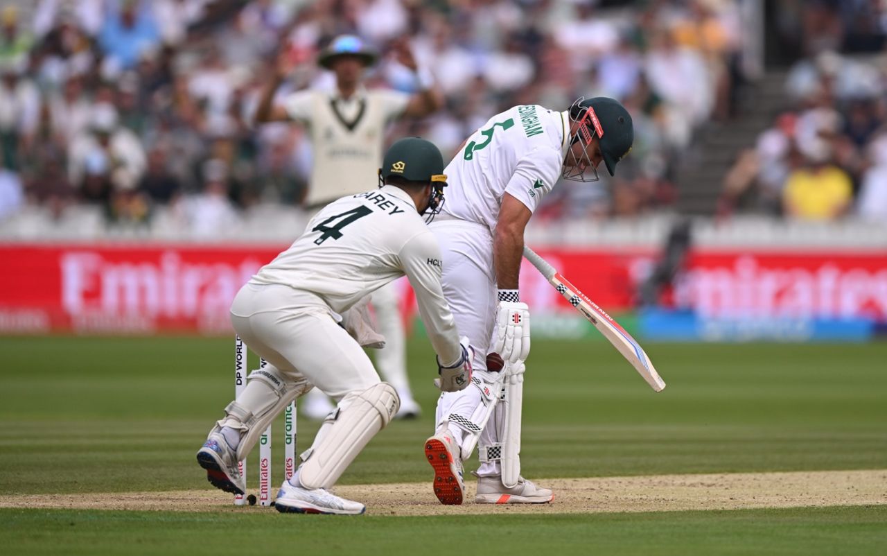 David Bedingham drops the ball from his pad just as Alex Carey comes forward to catch it, Australia vs South Africa, World Test Championship final, 2nd day, Lord's, June 12, 2025