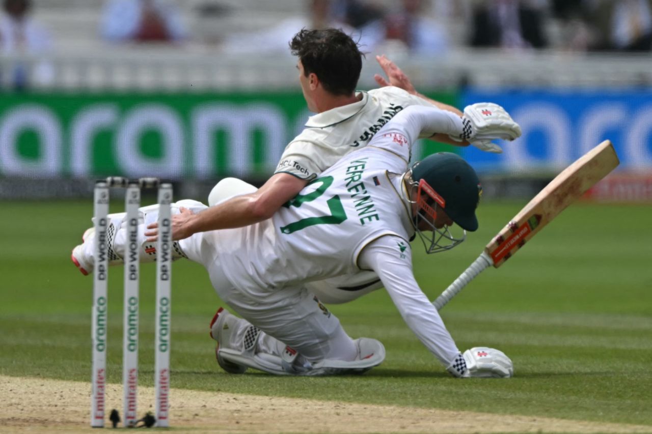 Pat Cummins crashes into Kyle Verreynne while appealing for lbw, Australia vs South Africa, World Test Championship final, 2nd day, Lord's, June 12, 2025