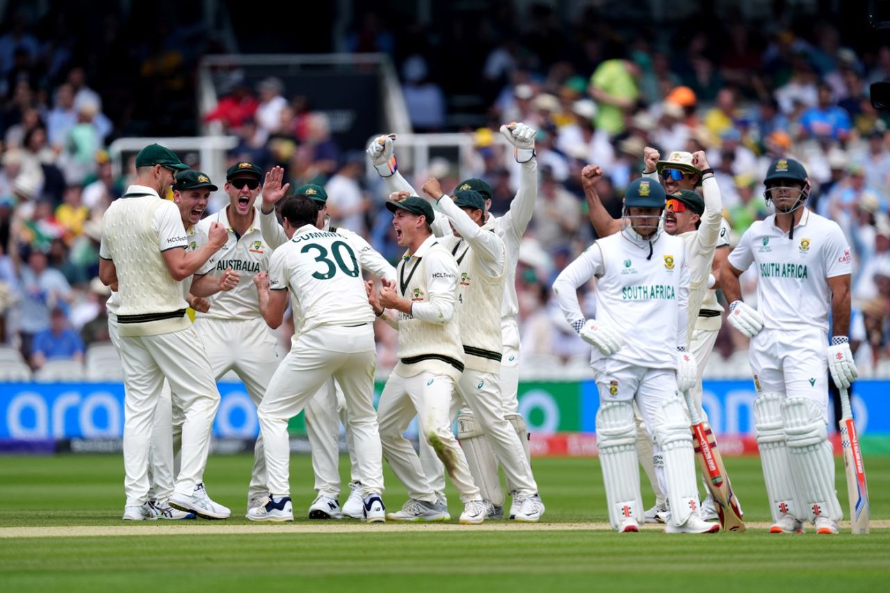 The contrasting emotions after Pat Cummins gets his review right against Kyle Verreynne, Australia vs South Africa, World Test Championship final, 2nd day, Lord's, June 12, 2025