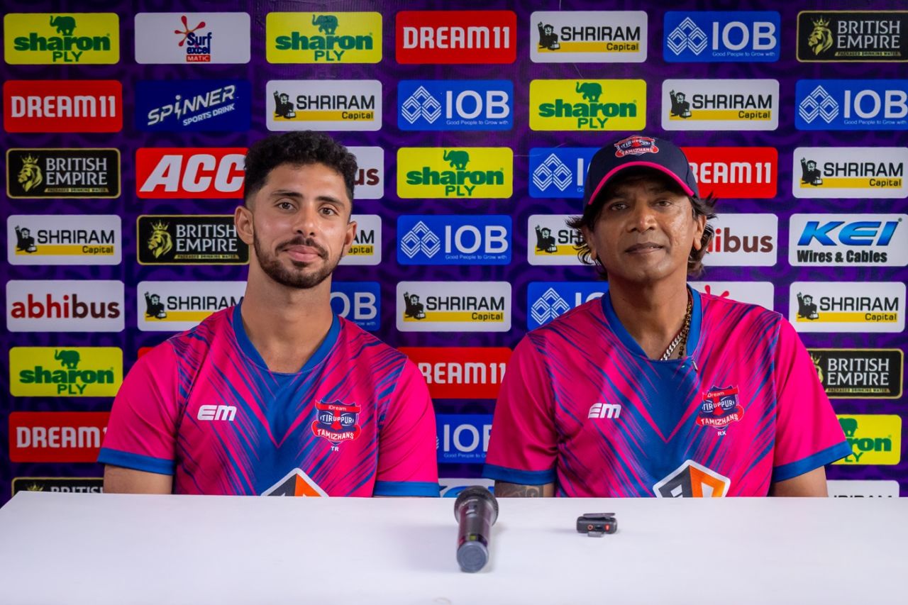 Idream Tiruppur Tamizhans opener Tushar Raheja with coach RX Murali at a press conference, Salem, July 12, 2025