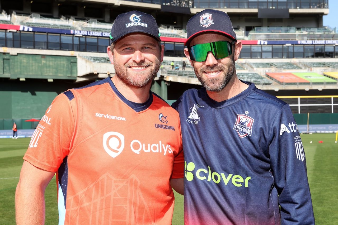 Corey Anderson and Glenn Maxwell, the two captains, at the toss, San Francisco Unicorns vs Washington Freedom, MLC 2025, Oakland, June 12, 2025