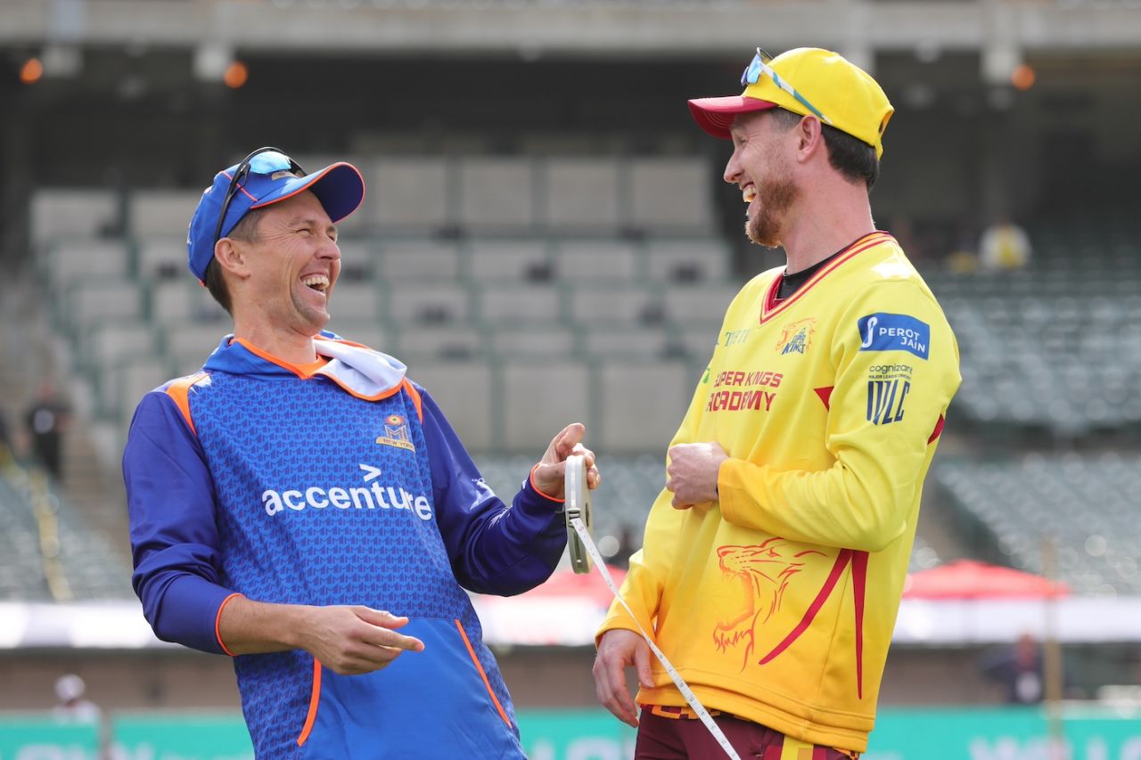 Trent Boult and Adam Milne share a laugh, MI New York vs Texas Super Kings, MLC 2025, Oakland, June 13, 2025