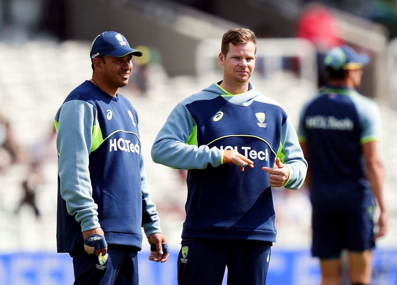 Steven Smith with a heavily-taped right little finger as Usman Khawaja looks on, Australia vs South Africa, World Test Championship final, fourth day, Lord's, June 14, 2025