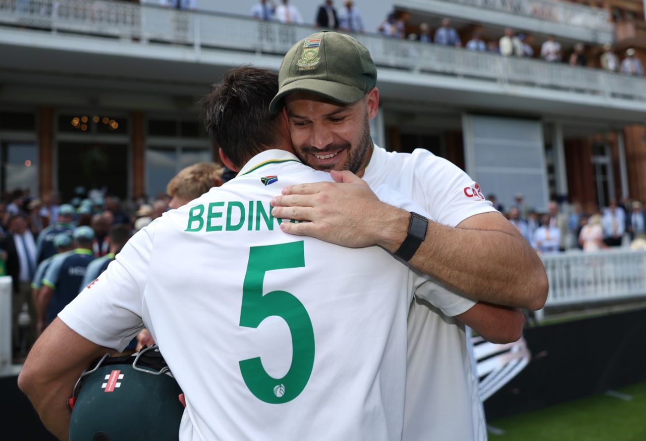 Aiden Markram hugs David Bedingham after the chase, Australia vs South Africa, World Test Championship final, fourth day, Lord's, June 14, 2025