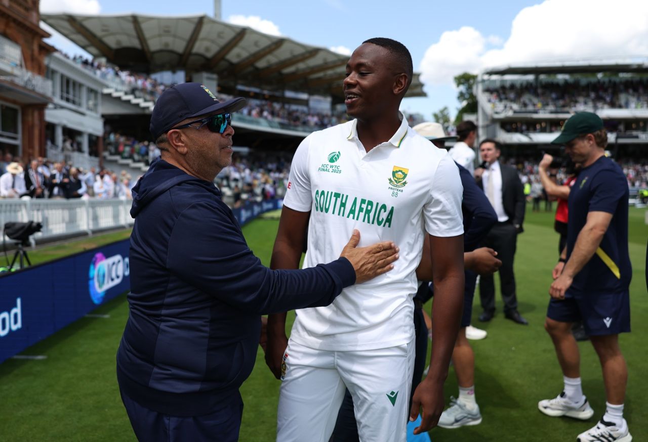 A delighted Shukri Conrad and Kagiso Rabada after the win, Australia vs South Africa, World Test Championship final, fourth day, Lord's, June 14, 2025