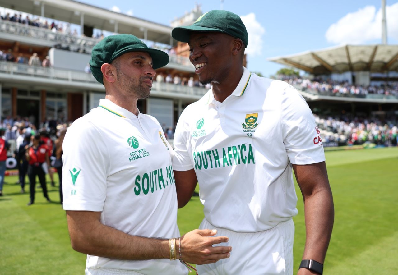An emotional Keshav Maharaj celebrates the win with Lungi Ngidi, Australia vs South Africa, World Test Championship final, fourth day, Lord's, June 14, 2025