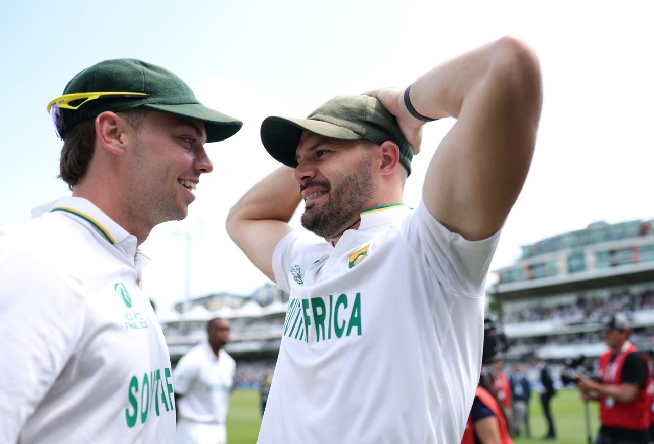 Smiles of relief on the face of Tristan Stubbs and Aiden Markram, Australia vs South Africa, World Test Championship final, fourth day, Lord's, June 14, 2025