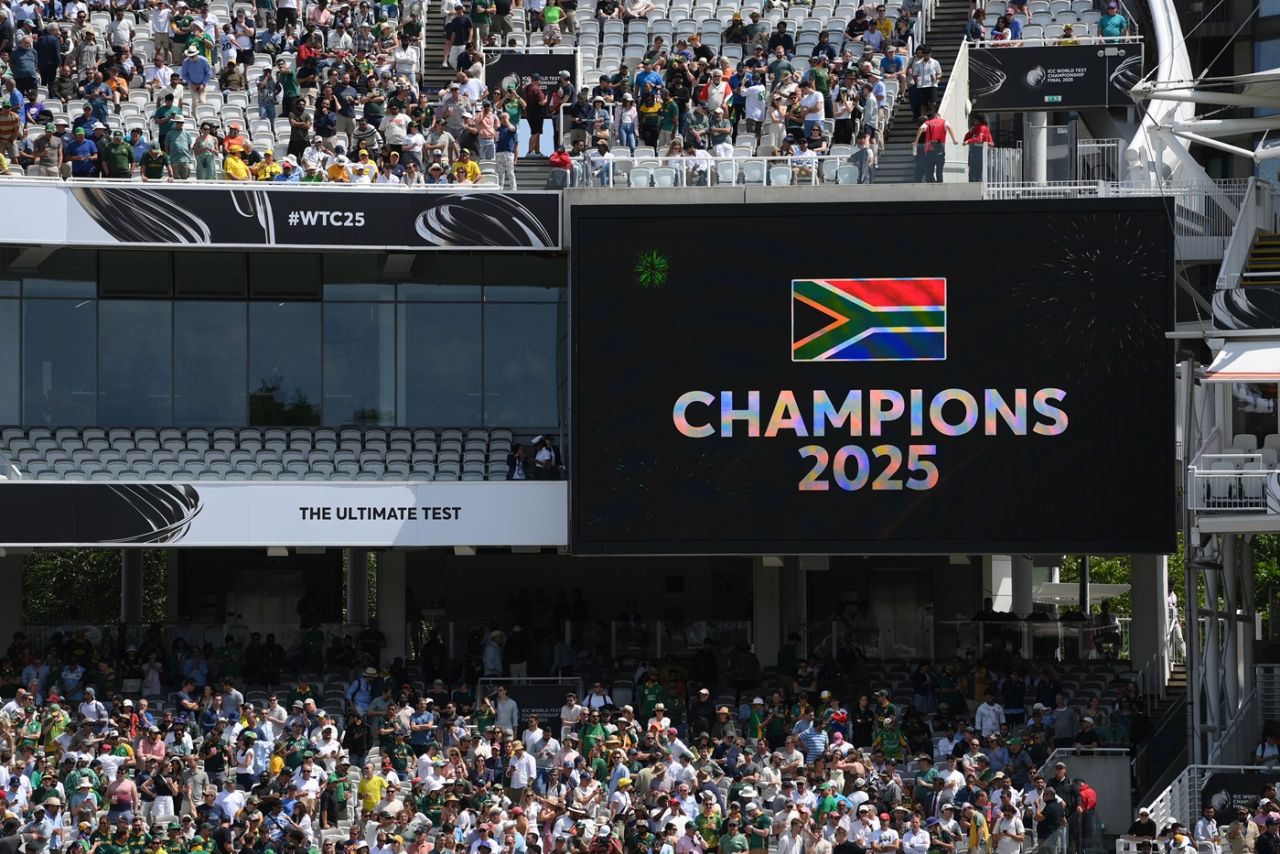 The giant screen displays who the new WTC champions are, Australia vs South Africa, World Test Championship final, fourth day, Lord's, June 14, 2025