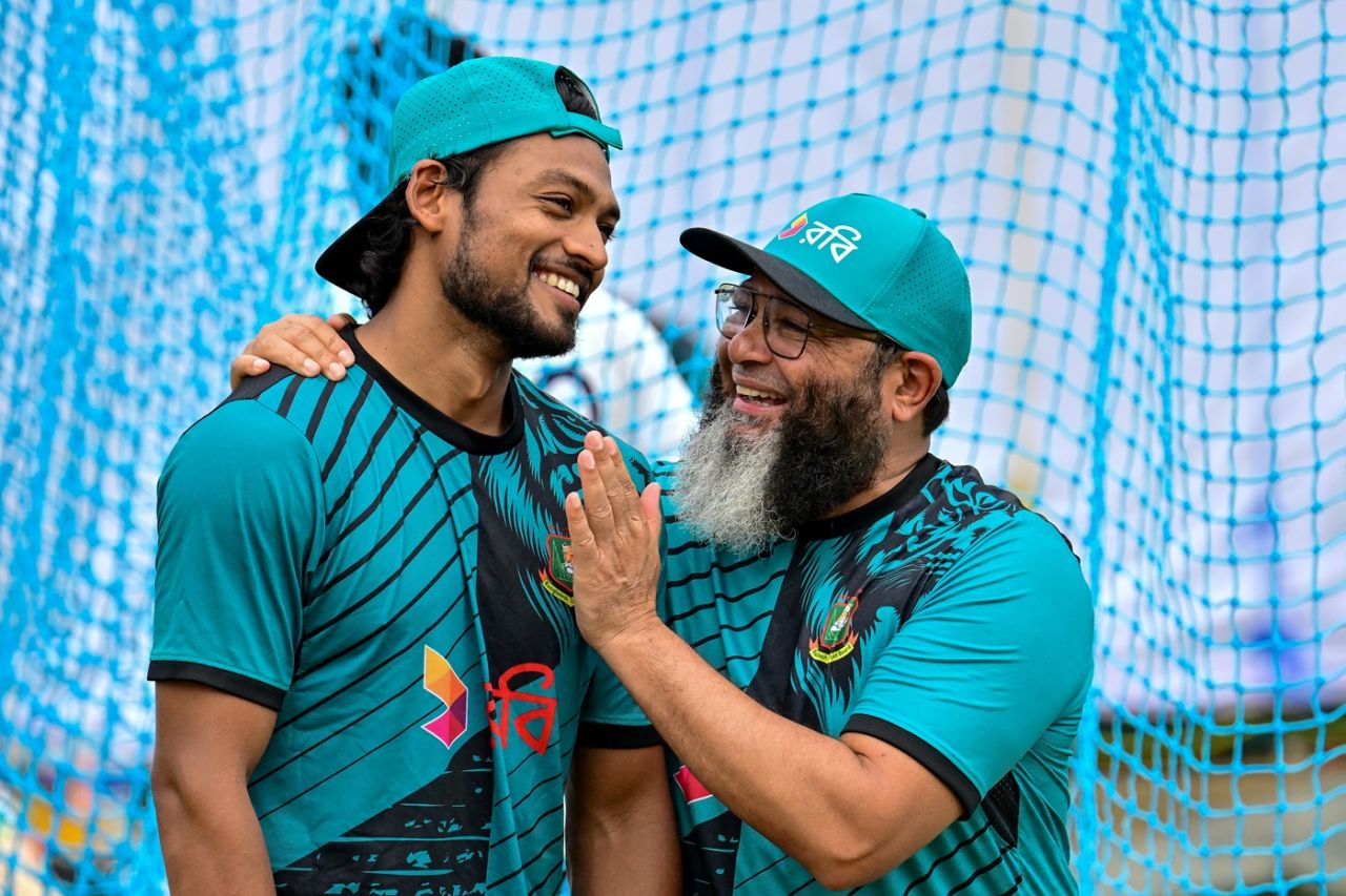 Najmul Hossain Shanto shares a lighter moment with spin-bowling coach Mushtaq Ahmed, Galle, June 15, 2025