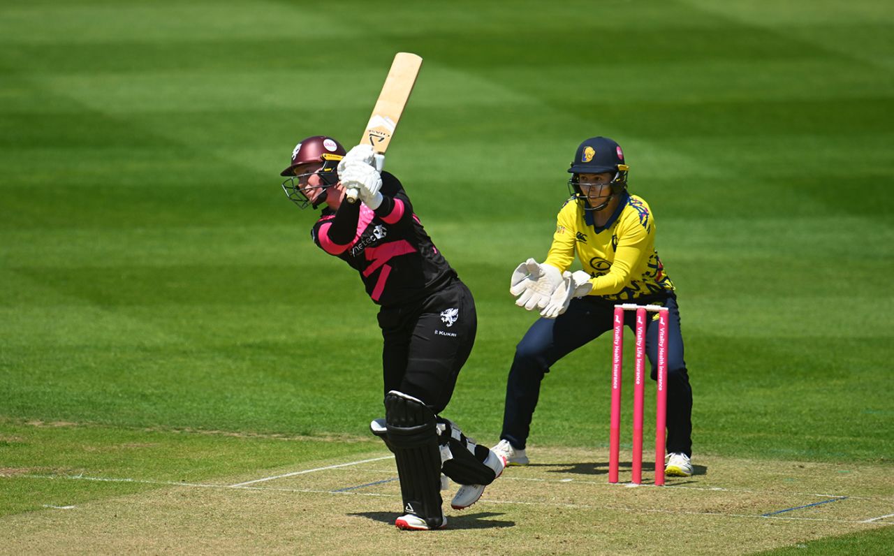 Rebecca Odgers comes down to drive, Somerset vs Durham, Women's T20 Blast, Taunton, June 15, 2025