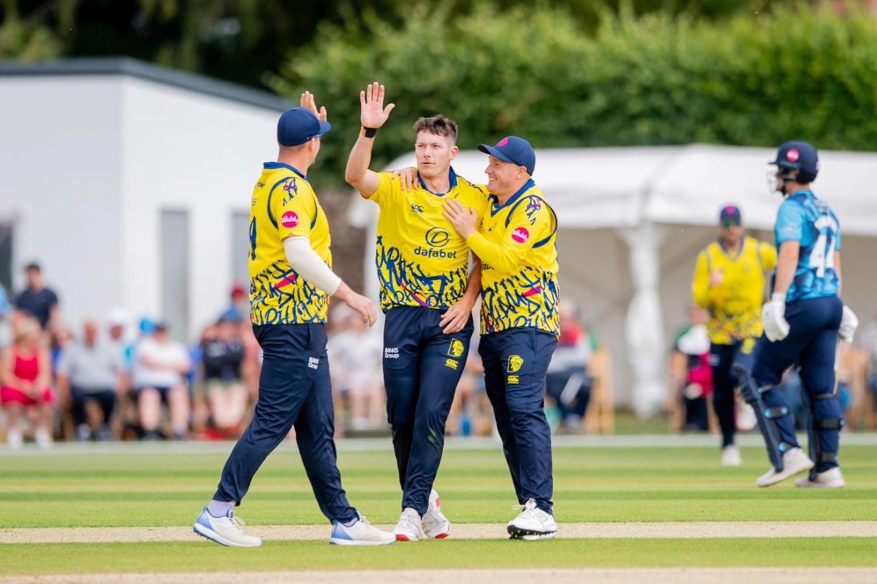 Matthew Potts celebates a breakthrough, Yorkshire vs Durham, Men's Vitality Blast, York, June 15, 2025