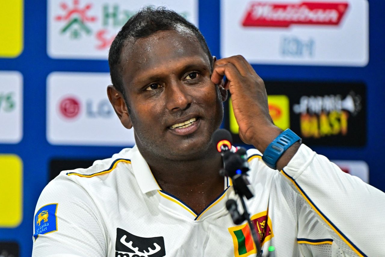 Angelo Mathews addresses the media ahead of his final Test match, Galle, June 16, 2025