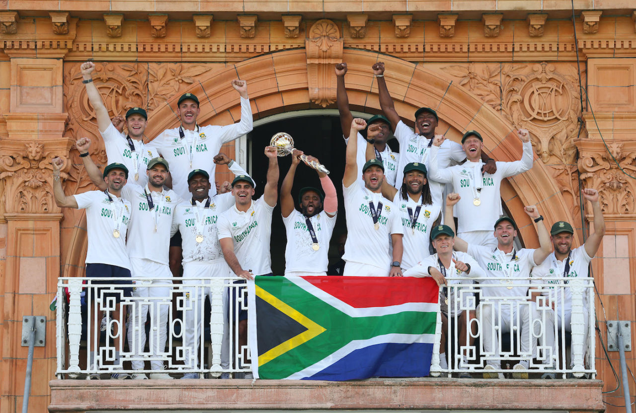 South Africa's players celebrate with the WTC mace on the Lord's balcony, Australia vs South Africa, World Test Championship final, fourth day, Lord's, June 14, 2025