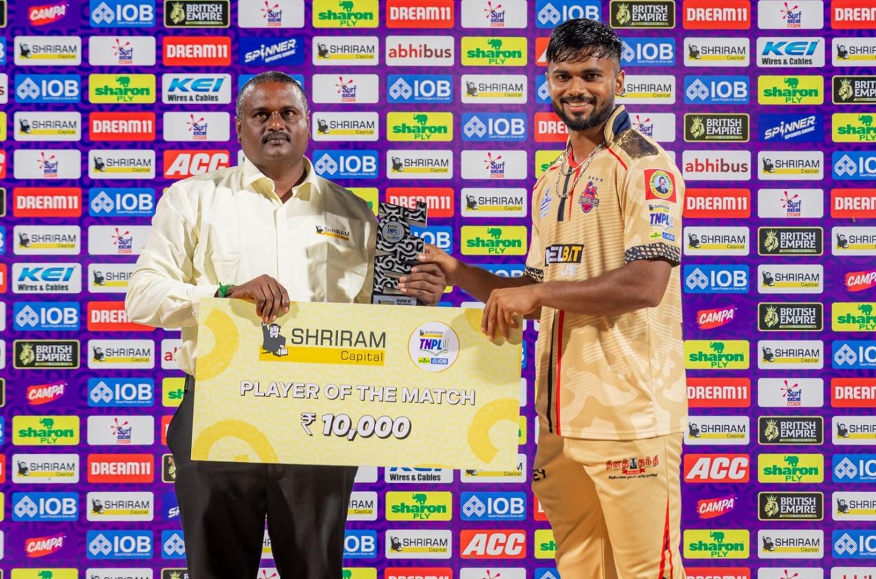 Lokesh Raj won the Player-of-the-match award for his five-wicket haul, Chepauk Super Gillies vs Dindigul Dragons, TNPL 2025, Salem, June 16, 2025