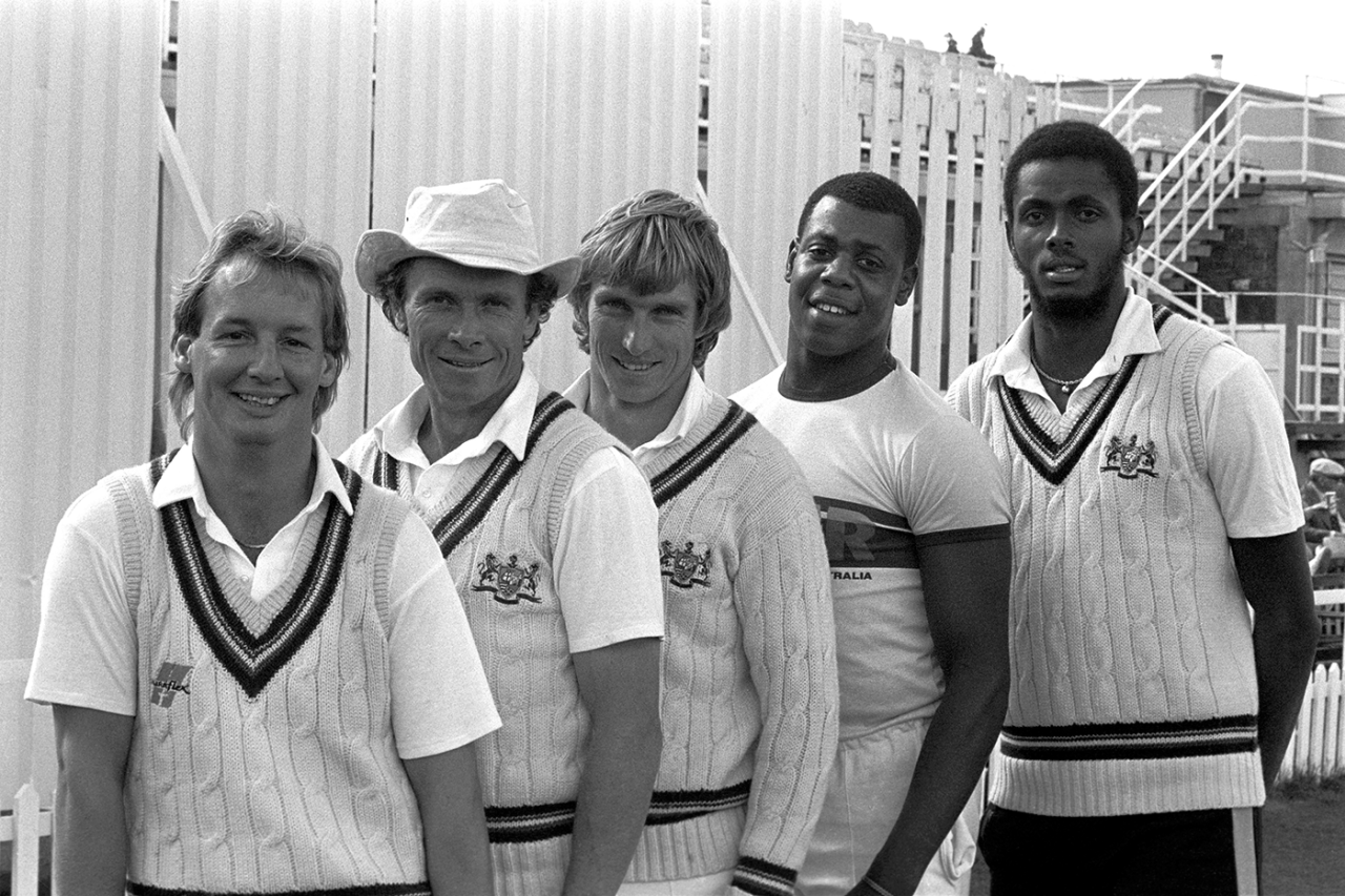 Gloucestershire's Jeremy Lloyds, Brian Davison, Kevin Curran, David Lawrence and Courtney Walsh pose for a photo, Bristol, May 9, 1985