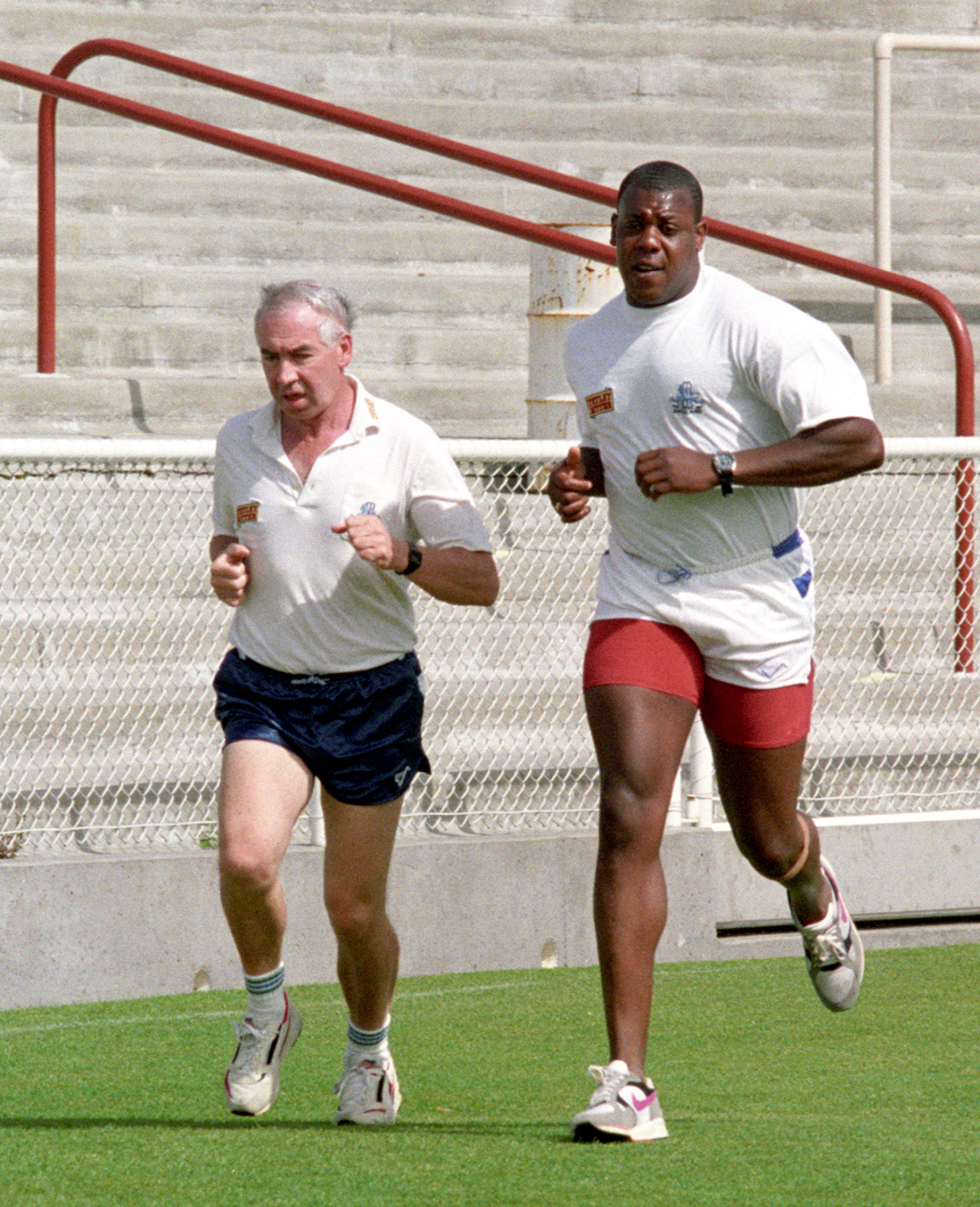 David Lawrence (right) and England physio Laurie Brown jog around the ground, Christchurch, January 20, 1992