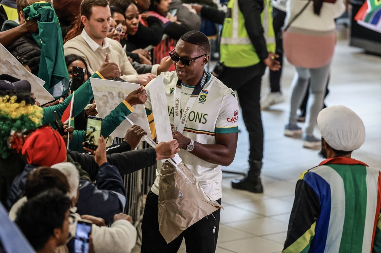 Kagiso Rabada had plenty of autographs to sign upon his arrival, Tambo International Airport, Kempton Park, June 18, 2025