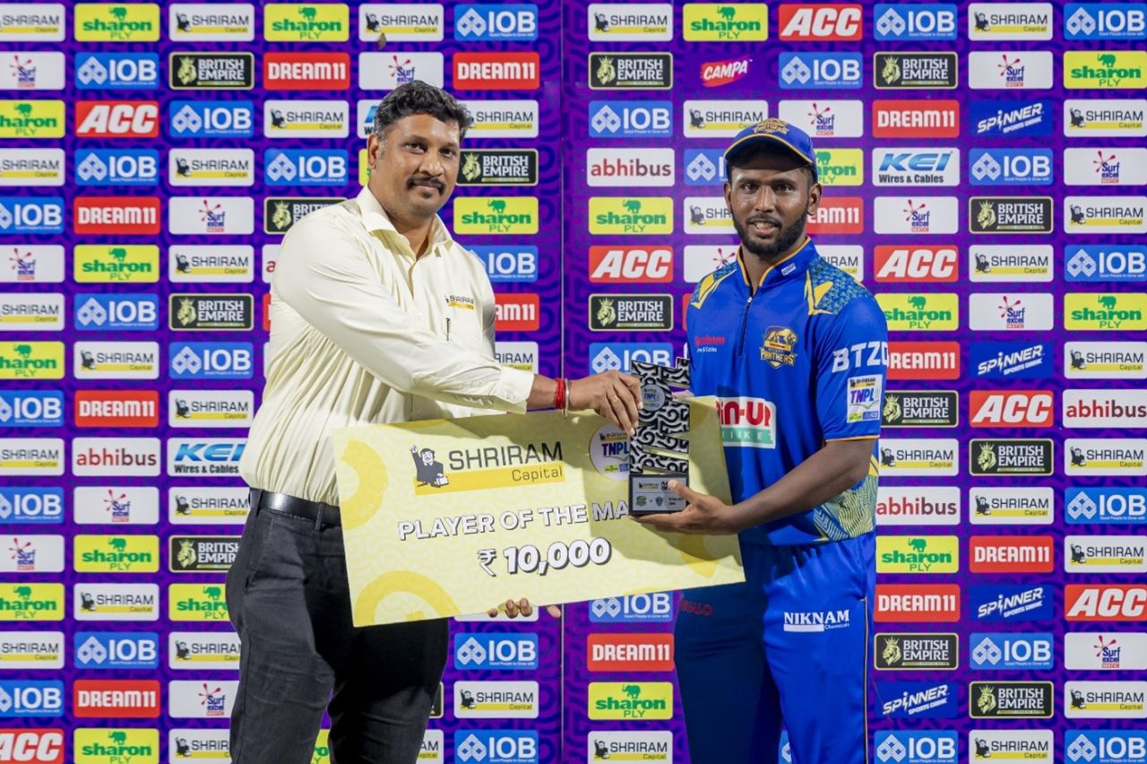 Surya Anand poses with the Player-of-the-match award, Nellai Royal Kings vs Siechem Madurai Panthers, TNPL 2025, Salem, June 18, 2025