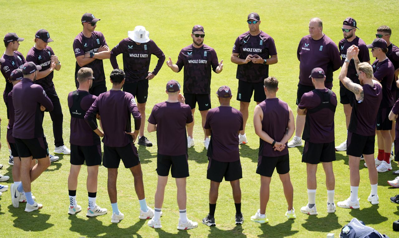 Brendon McCullum gives a team talk at training, Headingley, June 18, 2025