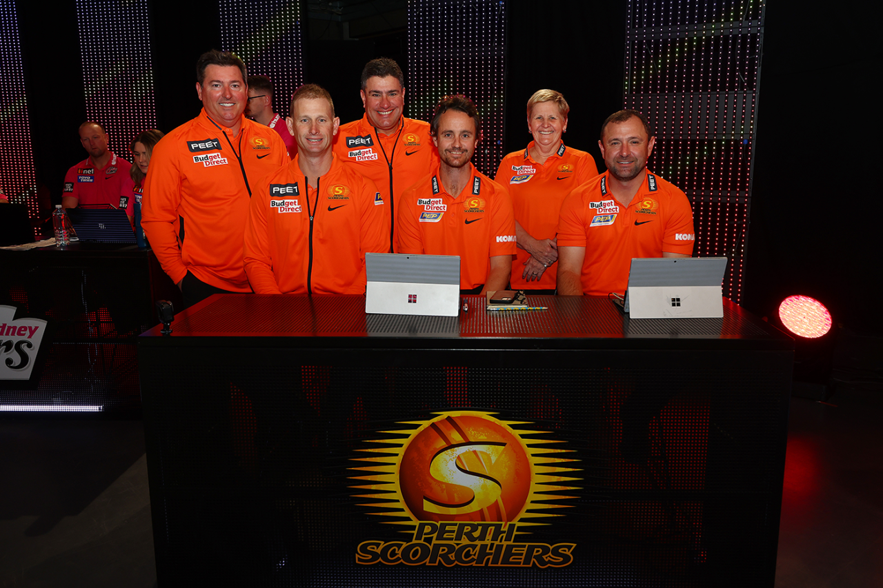 David Fitzgerald, Adam Voges, Justin Michael, Beau Casson, Christina Matthews and Kade Harvey of the Perth Scorchers attend the BBL draft, Melbourne, August 28, 2022