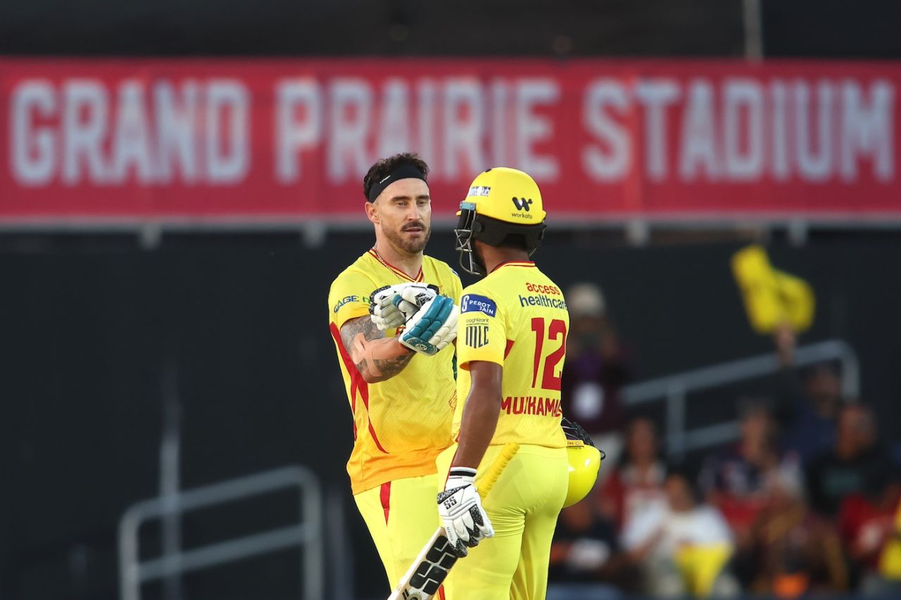 Faf du Plessis celebrates after getting to his century, Texas Super Kings vs San Francisco Unicorns, MLC 2025, Dallas, June 21, 2025