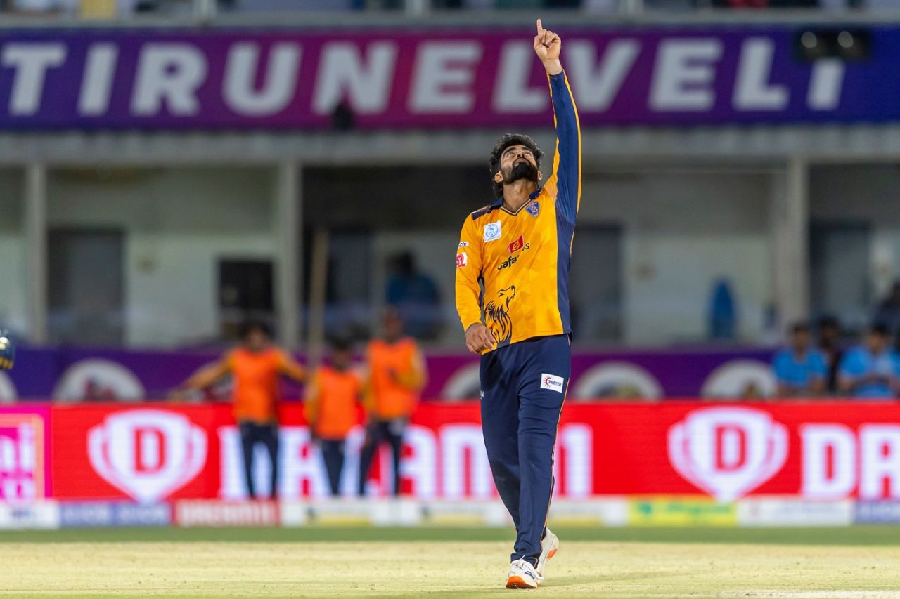 R Sonu Yadav celebrates a wicket, Nellai Royal Kings vs Lyca Kovai Kings, TNPL 2025, Tirunelveli, June 21, 2025