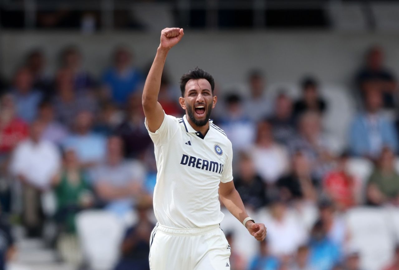 Prasidh Krishna celebrates the wicket of Ollie Pope, England vs India, 1st Test, Leeds, Day 3, June 22, 2025