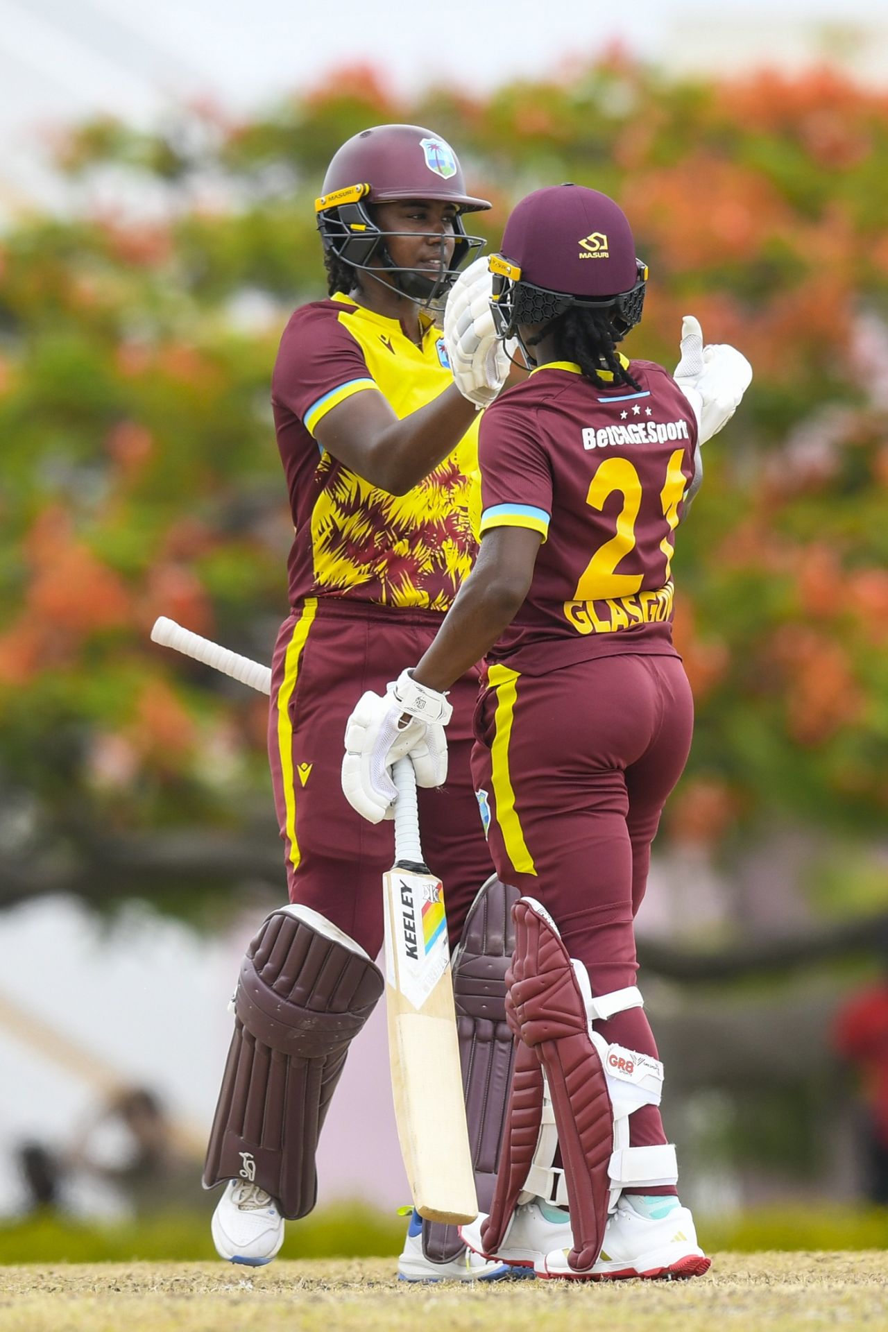 Jannillea Glasgow congratulates Hayley Matthews on her half-century, West Indies vs South Africa, 2nd T20I, Cave Hill, June 22, 2025