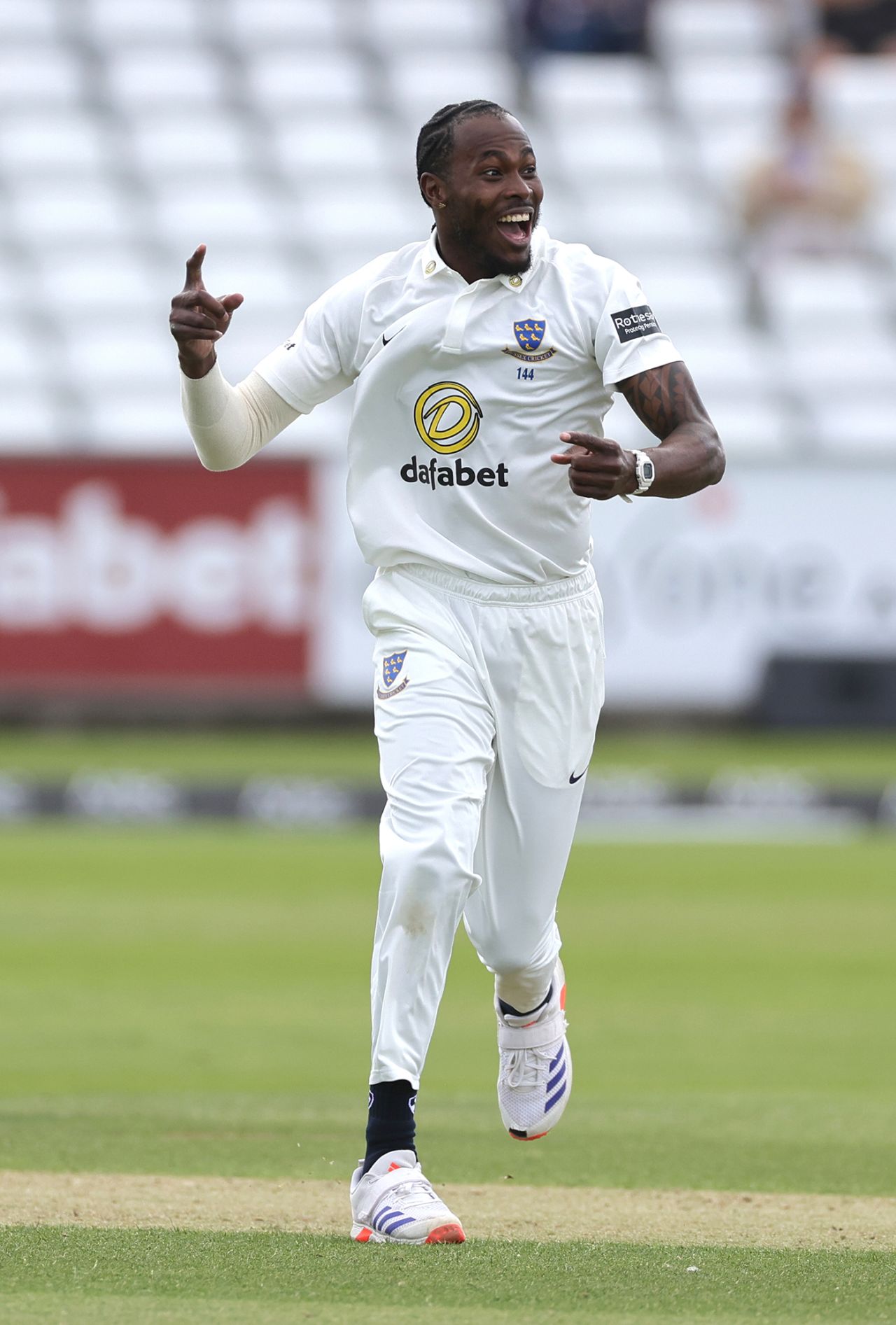 Jofra Archer celebrates a wicket on his comeback, Durham vs Sussex, County Championship, Chester-le-Street, June 23, 2025