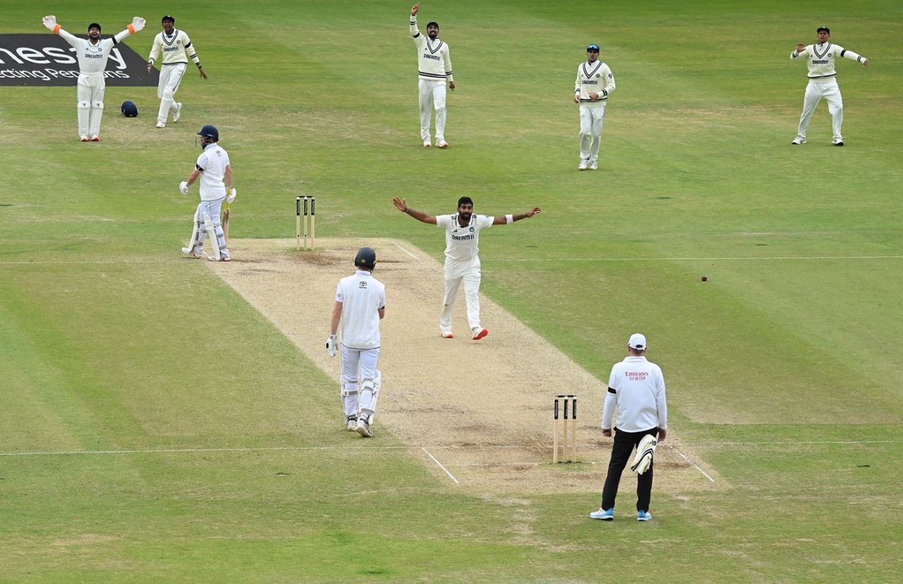Jasprit Bumrah appeals unsuccessfully, England vs India, 1st Test, Leeds, 5th day, June 24, 2025