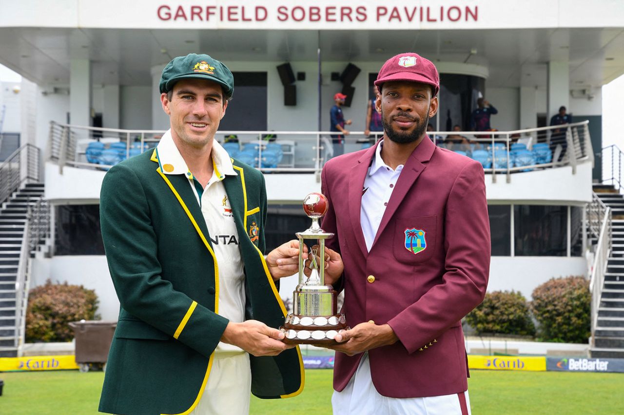 Pat Cummins and Roston Chase with the Frank Worrell Trophy, West Indies vs Australia, 1st Test, Barbados, June 24, 2025